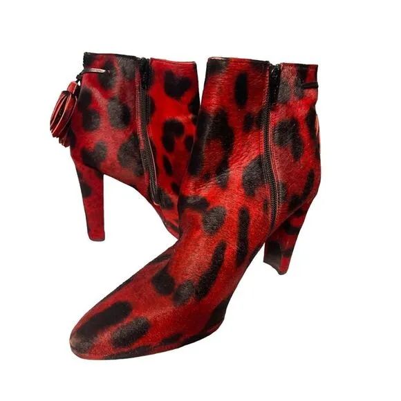 Striking Red Leopard Print Ankle Boots with Tassel Detail‎ High Heel Booties