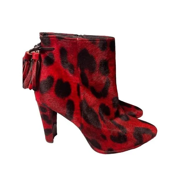 Striking Red Leopard Print Ankle Boots with Tassel Detail‎ High Heel Booties