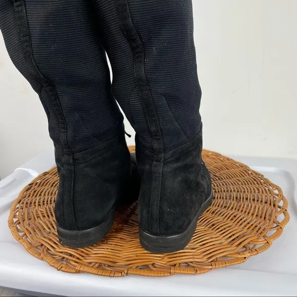 Stuart Weitzman Black Suede Lace Up Ribbed Sock Calf Stretch Moto Boots Sz 7