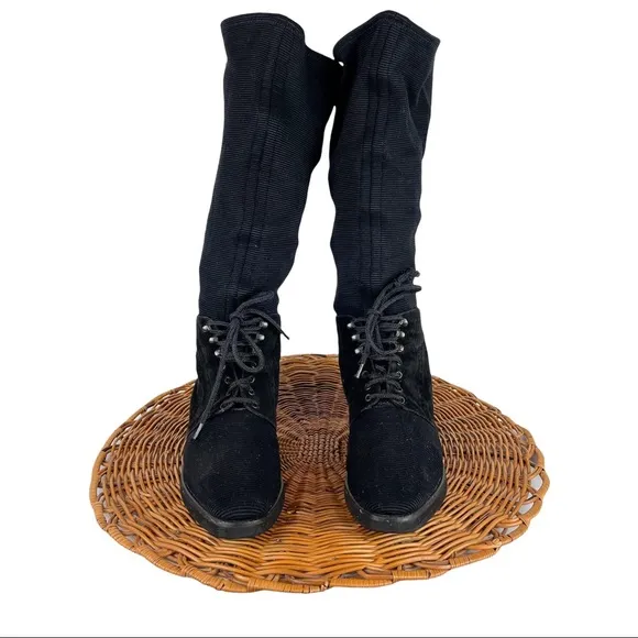 Stuart Weitzman Black Suede Lace Up Ribbed Sock Calf Stretch Moto Boots Sz 7