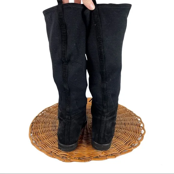 Stuart Weitzman Black Suede Lace Up Ribbed Sock Calf Stretch Moto Boots Sz 7
