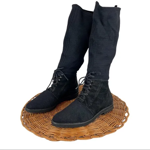 Stuart Weitzman Black Suede Lace Up Ribbed Sock Calf Stretch Moto Boots Sz 7