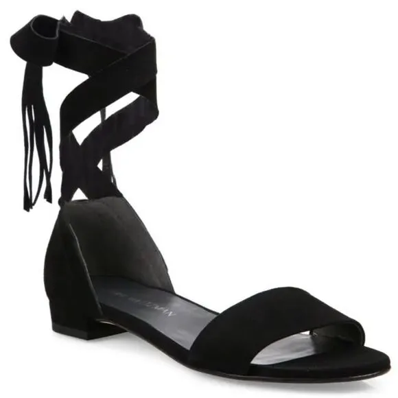 Stuart Weitzman Corbata Black Suede Ankle Wrap Sandals, size 8