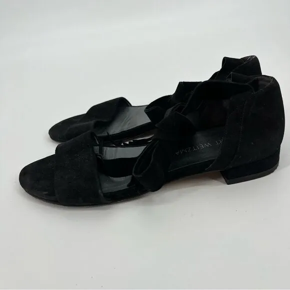Stuart Weitzman Corbata Black Suede Ankle Wrap Sandals, size 8