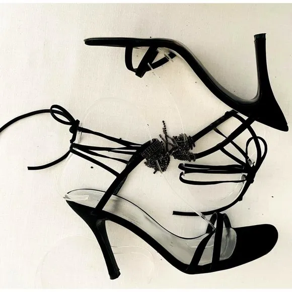 Stuart Weitzman Streamlines Womens Strappy Heels sz 8 Shoes w/Rhinestone Tassels