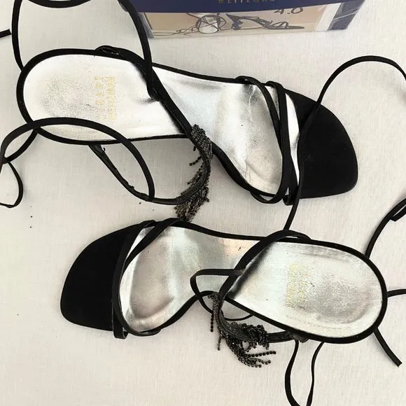 Stuart Weitzman Streamlines Womens Strappy Heels sz 8 Shoes w/Rhinestone Tassels