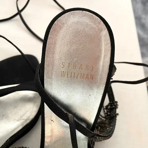 Stuart Weitzman Streamlines Womens Strappy Heels sz 8 Shoes w/Rhinestone Tassels