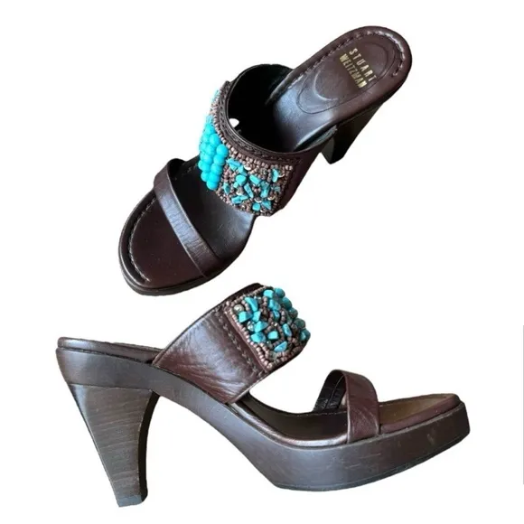 Stuart Weitzman Turquoise Bead Leather Platform Sandals Size 6M – Made in Spain