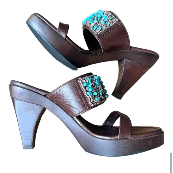 Stuart Weitzman Turquoise Bead Leather Platform Sandals Size 6M – Made in Spain