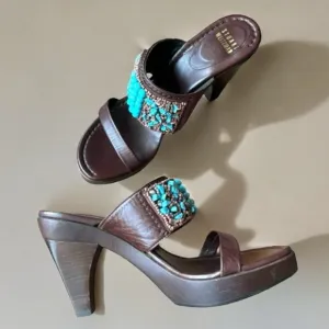 Stuart Weitzman Turquoise Bead Leather Platform Sandals Size 6M – Made in Spain