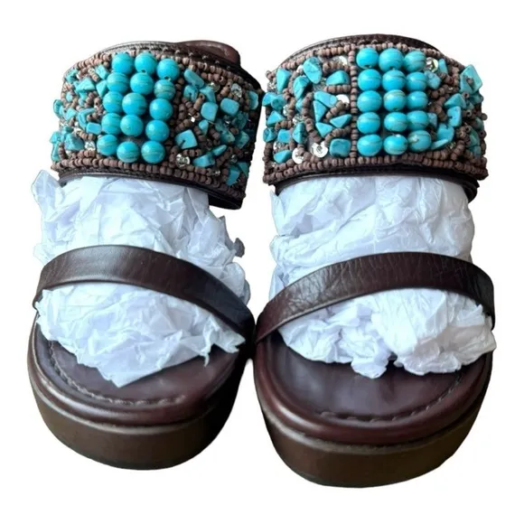 Stuart Weitzman Turquoise Bead Leather Platform Sandals Size 6M – Made in Spain
