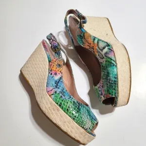 Stuart Weitzman Wedge Platform Slingback Sandals Size‎ 9 Green Blue Snake Print