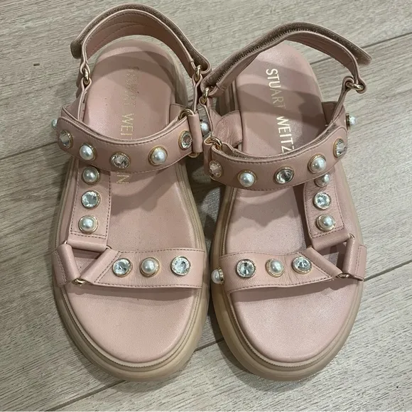 Stuart Weitzman Zoelie Crystal Platform Leather Sandals Pink Size 6 C/36.5 EU