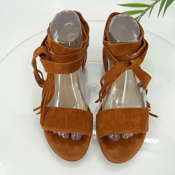 Stuart Weitzman Corbata Sandals Women's 7 Brown Suede Ankle Wrap Boho Hippie