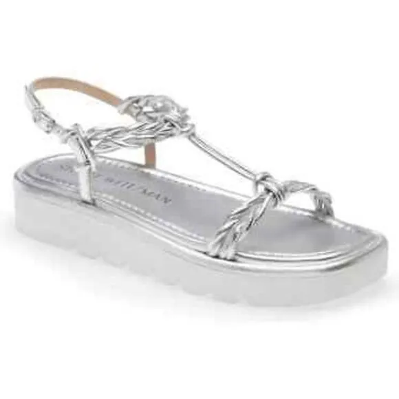 Stuart Weitzman Silver Calypso Lift Metallic Leather Platform, size 8.5