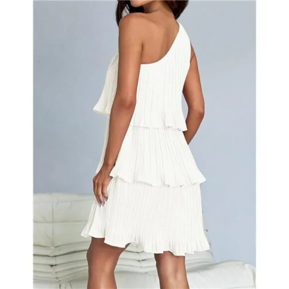 Summer Sleeveless Mini Dress Boho One Shoulder Ruffle Tiered Chiffon Flowy