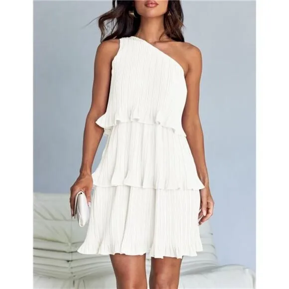 Summer Sleeveless Mini Dress Boho One Shoulder Ruffle Tiered Chiffon Flowy