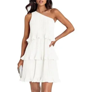 Summer Sleeveless Mini Dress Boho One Shoulder Ruffle Tiered Chiffon Flowy