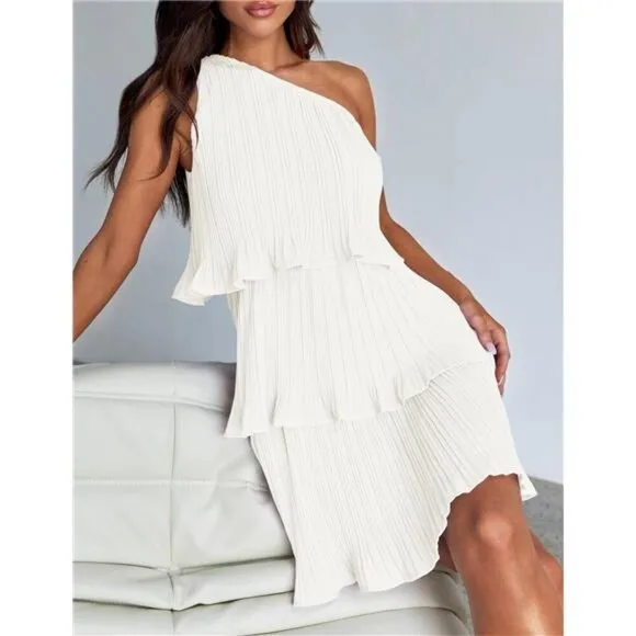 Summer Sleeveless Mini Dress Boho One Shoulder Ruffle Tiered Chiffon Flowy