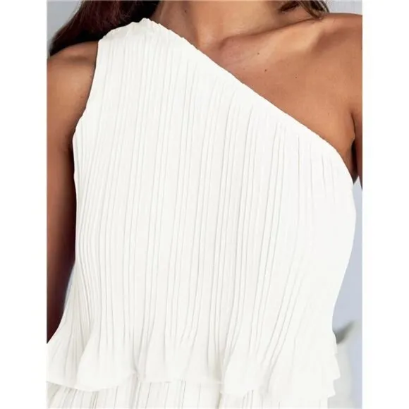 Summer Sleeveless Mini Dress Boho One Shoulder Ruffle Tiered Chiffon Flowy