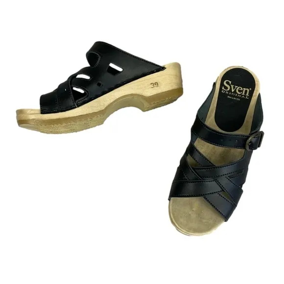 Sven Weave Buckle Sandal Clogs Black Smooth Leather Size 39