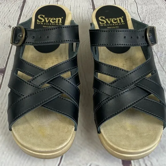 Sven Weave Buckle Sandal Clogs Black Smooth Leather Size 39