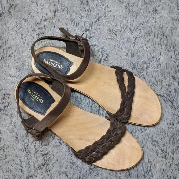 Swedish Hasbeens Brown Tan Wooden Leather Open Toe Sandals Clogs Size 40 US 10