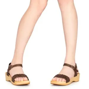 Swedish Hasbeens Brown Tan Wooden Leather Open Toe Sandals Clogs Size 40 US 10