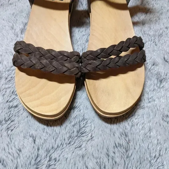 Swedish Hasbeens Brown Tan Wooden Leather Open Toe Sandals Clogs Size 40 US 10