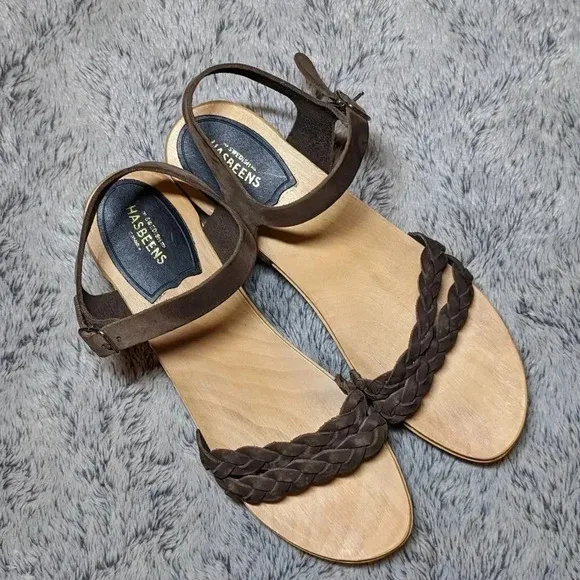 Swedish Hasbeens Brown Tan Wooden Leather Open Toe Sandals Clogs Size 40 US 10
