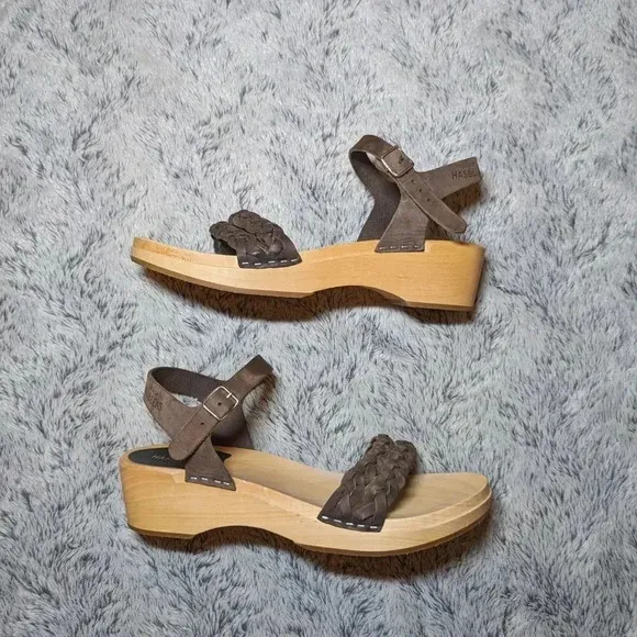 Swedish Hasbeens Brown Tan Wooden Leather Open Toe Sandals Clogs Size 40 US 10