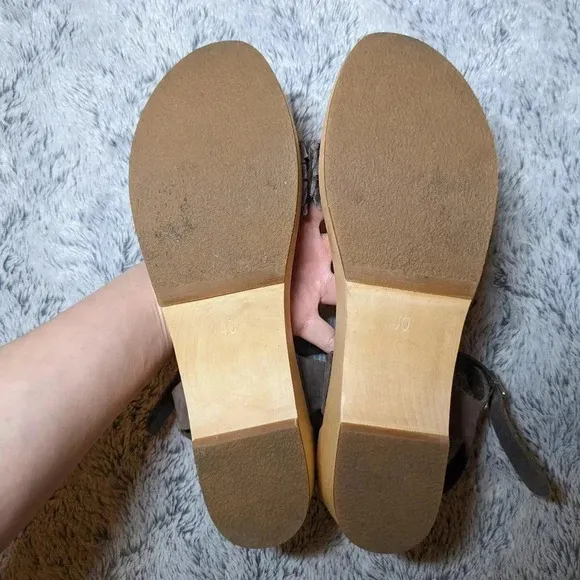 Swedish Hasbeens Brown Tan Wooden Leather Open Toe Sandals Clogs Size 40 US 10