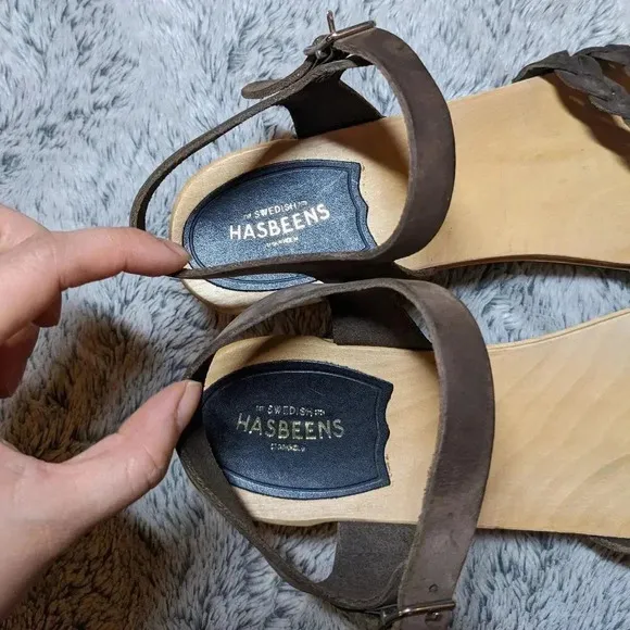 Swedish Hasbeens Brown Tan Wooden Leather Open Toe Sandals Clogs Size 40 US 10