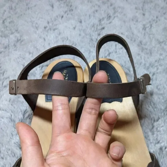 Swedish Hasbeens Brown Tan Wooden Leather Open Toe Sandals Clogs Size 40 US 10