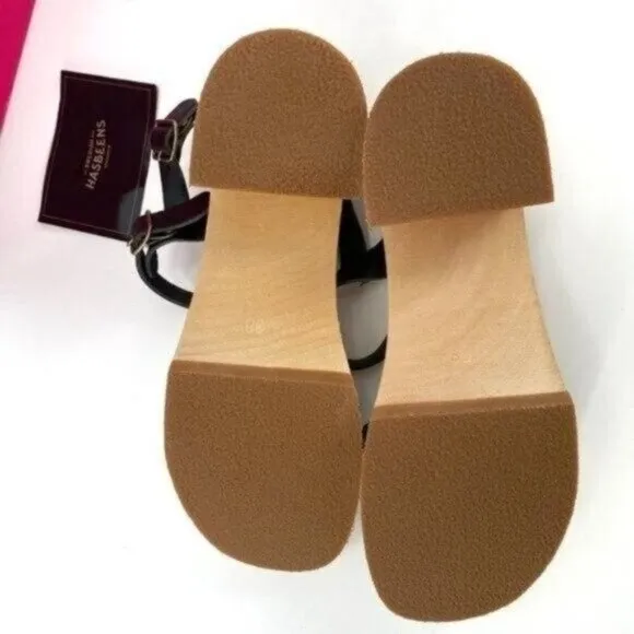 Swedish Hasbeens Tanja Black Leather Braided Boho Wood Platform 8 Sandals NIB