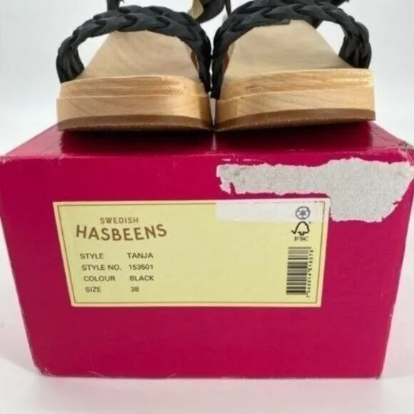 Swedish Hasbeens Tanja Black Leather Braided Boho Wood Platform 8 Sandals NIB