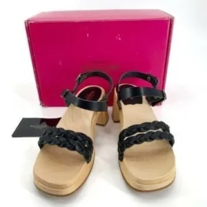 Swedish Hasbeens Tanja Black Leather Braided Boho Wood Platform 8 Sandals NIB