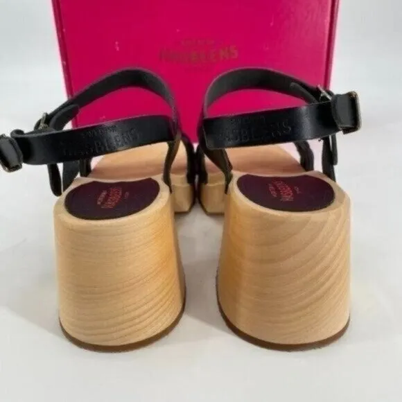 Swedish Hasbeens Tanja Black Leather Braided Boho Wood Platform 8 Sandals NIB