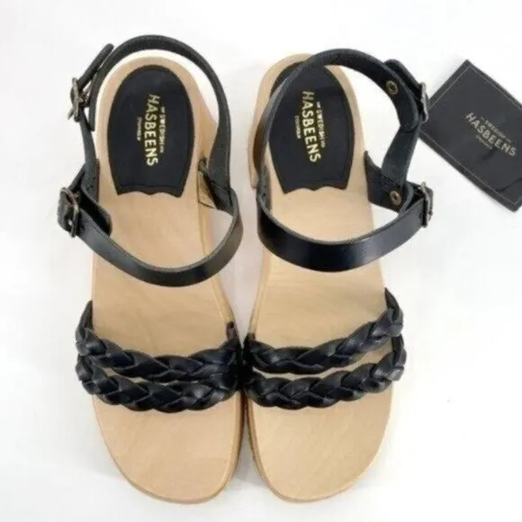 Swedish Hasbeens Tanja Black Leather Braided Boho Wood Platform 8 Sandals NIB