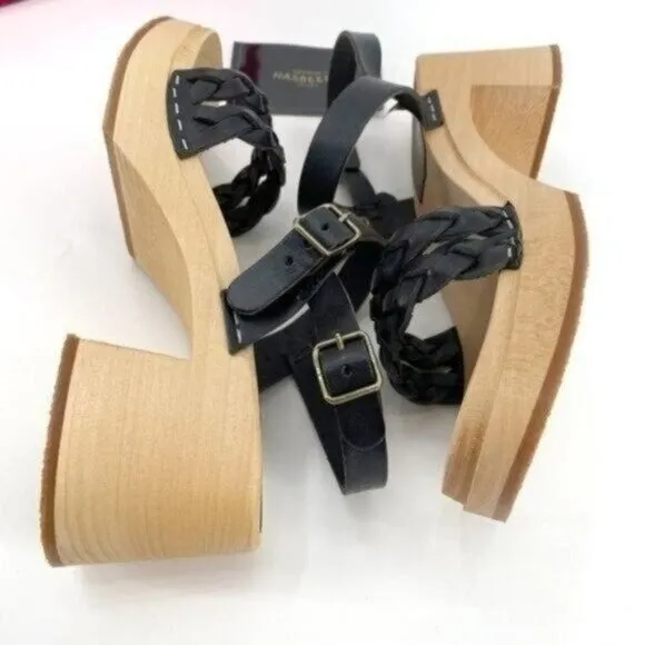 Swedish Hasbeens Tanja Black Leather Braided Boho Wood Platform 8 Sandals NIB