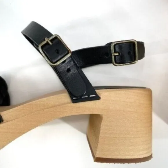 Swedish Hasbeens Tanja Black Leather Braided Boho Wood Platform 8 Sandals NIB