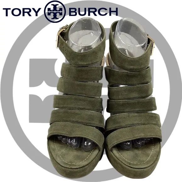 Sz9 Tory Burch Olive Green &quot;Bailey&quot; Strappy Wedge Esperalles Shoes W COA