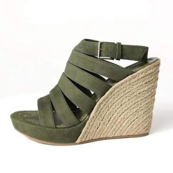 Sz9 Tory Burch Olive Green &quot;Bailey&quot; Strappy Wedge Esperalles Shoes W COA