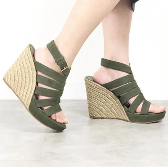 Sz9 Tory Burch Olive Green &quot;Bailey&quot; Strappy Wedge Esperalles Shoes W COA