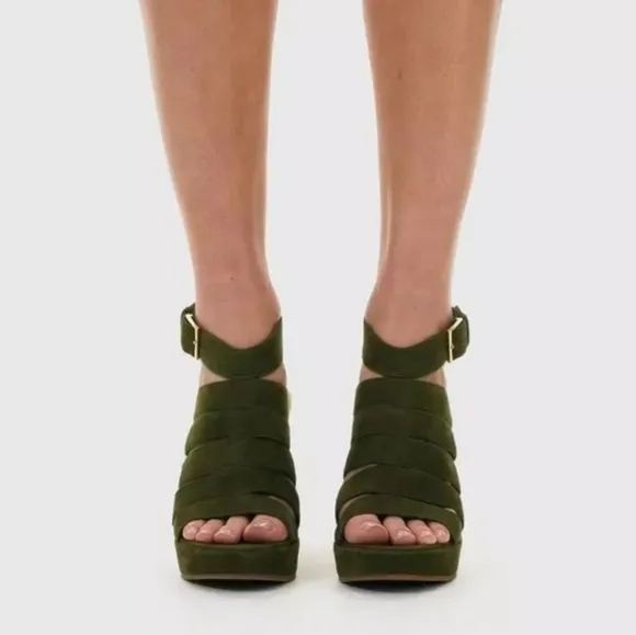 Sz9 Tory Burch Olive Green &quot;Bailey&quot; Strappy Wedge Esperalles Shoes W COA