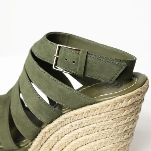 Sz9 Tory Burch Olive Green &quot;Bailey&quot; Strappy Wedge Esperalles Shoes W COA