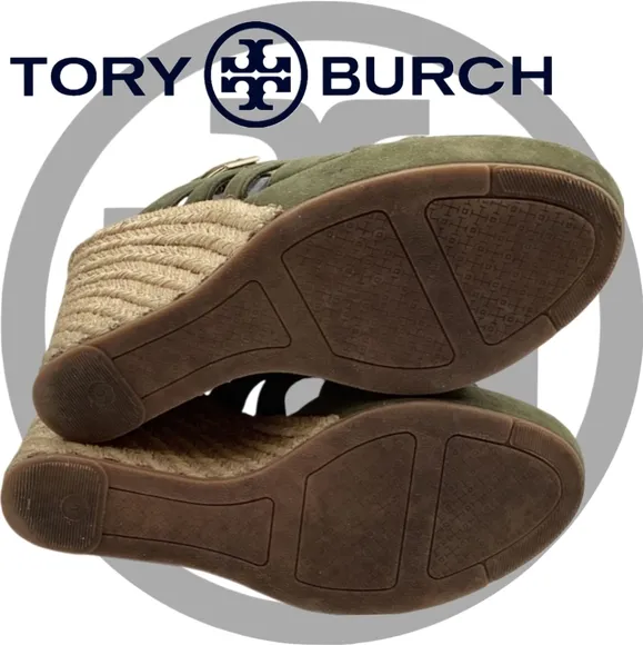 Sz9 Tory Burch Olive Green &quot;Bailey&quot; Strappy Wedge Esperalles Shoes W COA