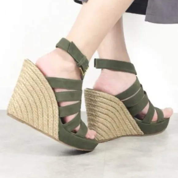 Sz9 Tory Burch Olive Green &quot;Bailey&quot; Strappy Wedge Esperalles Shoes W COA