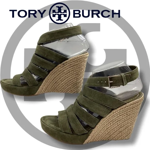 Sz9 Tory Burch Olive Green &quot;Bailey&quot; Strappy Wedge Esperalles Shoes W COA