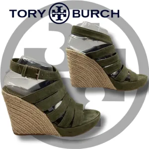 Sz9 Tory Burch Olive Green &quot;Bailey&quot; Strappy Wedge Esperalles Shoes W COA